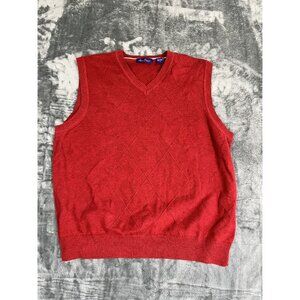 Alan Flusser Red Argyle V-Neck Sleeveless Cotton Sweater Vest Mens Size Large